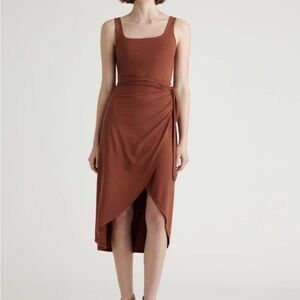 Quince NWT Tencel Jersey Side Tie Midi Dress Brown XL Sleeveless Asymmetric Hem